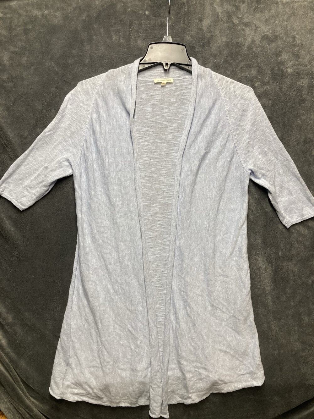 Eileen Fisher Sky Blue Linen Blend XS Short Sleeve Duster Sweater Cardigan AS IS